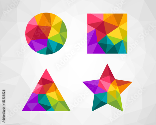 Low poly geometric shapes as design element. Colorful circle, square, triangle and star shape.