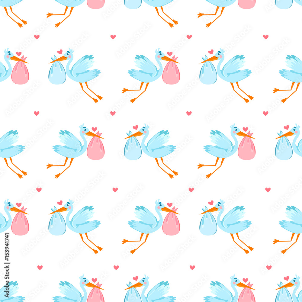Very cute seamless pattern with stork, baby and hearts. Lovely background. Be happy. 