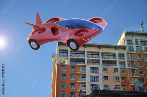 Red Air Car Flying In The City, Flying High-speed Vehicle Of The Future, Futuristic Vehicle, Air Car Concept - 3D Rendering