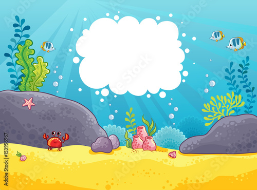 Sea background. Vector illustration in a childrens style on the marine theme with space for text. Seabed.