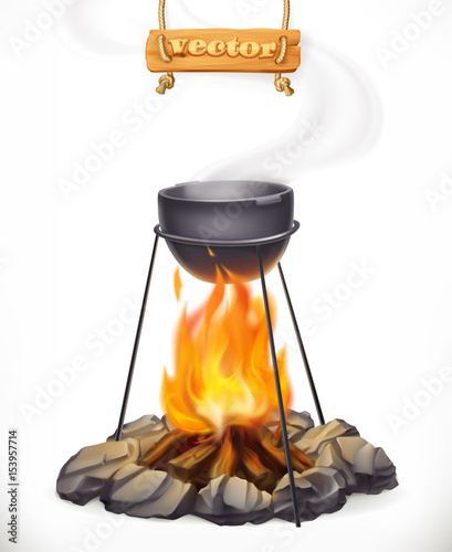 Pot over the campfire. Camping, outdoor cooking. 3d vector icon