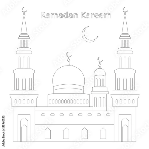 Vector drawing of a thin line in one pixel of the buildings of the mosque, the month on it and the inscription Ramadan Kareem, for self-coloring