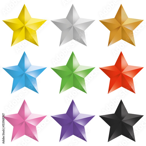 Set of golden, silver, bronze, colorful isolated stars
