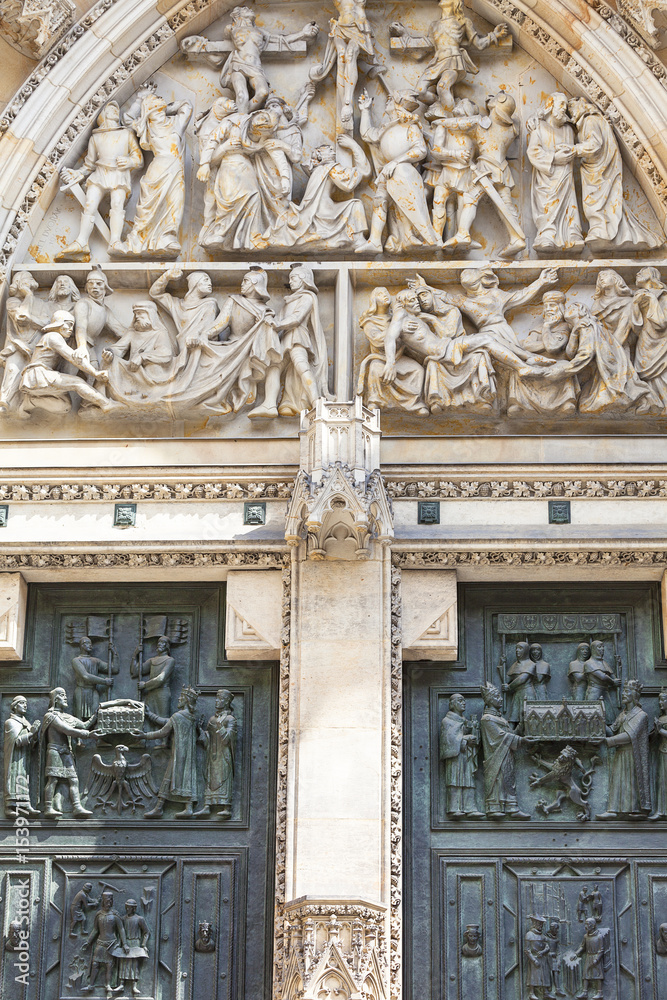 14th century St. Vitus Cathedral , facade, relief ,gothic portal ,Prague, Czech Republic