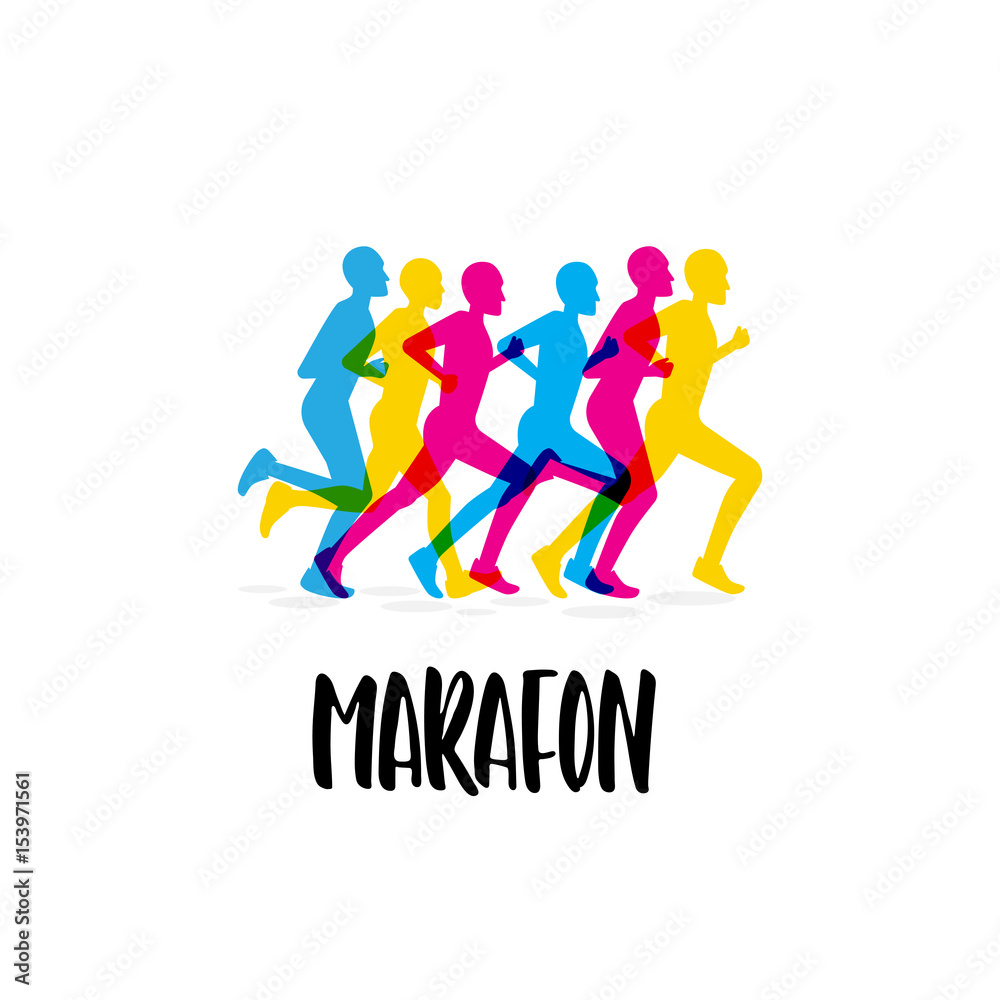 The logo of the sporting event, the marathon. Vector image in a flat style with a group of runners athletes and lettering The logo of the sporting event, the marathon. Vector image in a flat style with a group of runners athletes and lettering