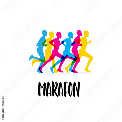 The logo of the sporting event, the marathon. Vector image in a flat style with a group of runners athletes and lettering