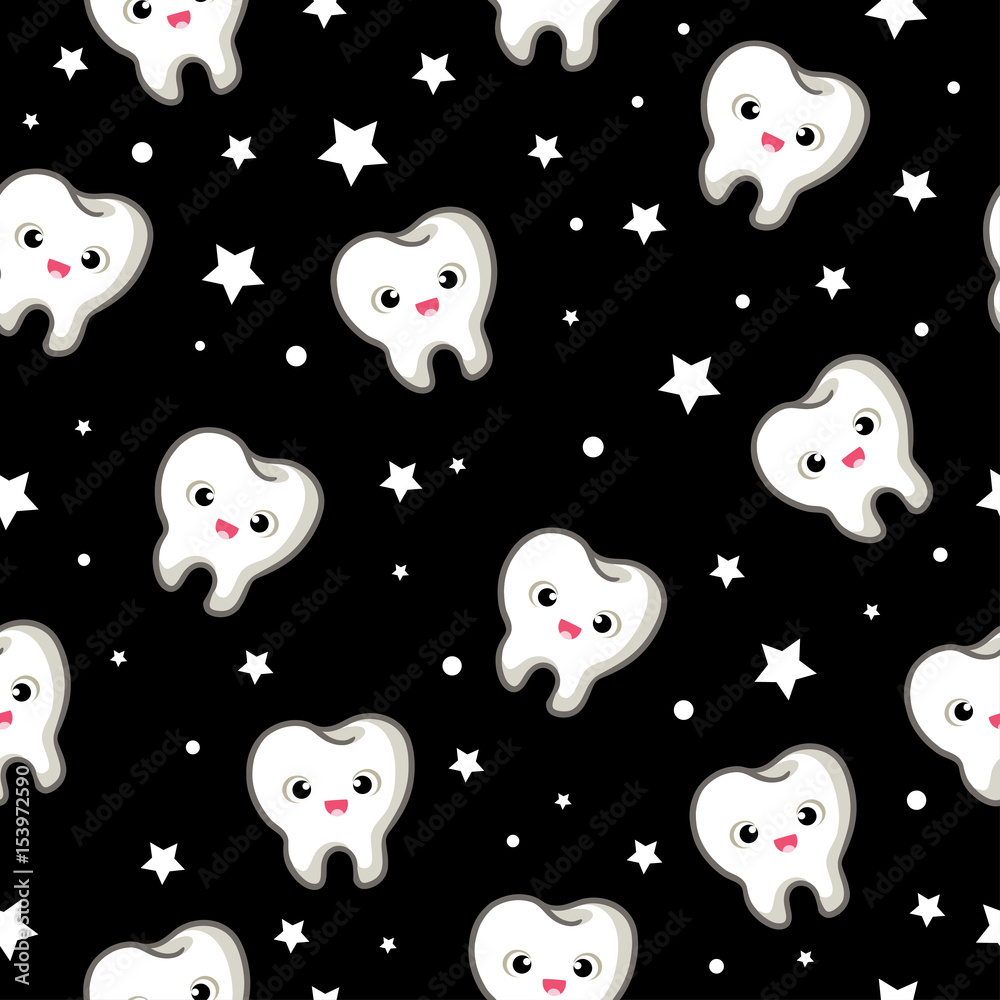 Vector seamless pattern with teeth on  black background.  Black and white  pattern in the children's style.