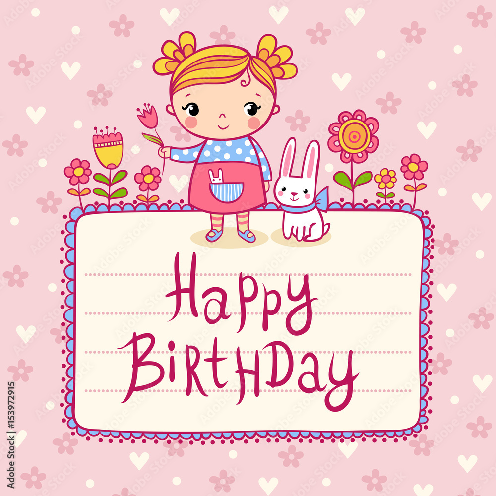 Beautiful happy birthday greeting card with flowers, girl and rabbit. Vector party invitation. Beautiful happy birthday greeting card with flowers, girl and rabbit. Vector party invitation.