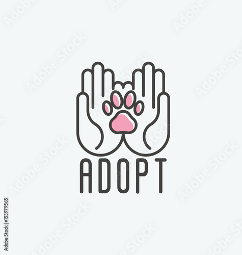 Thin line vector illustration of adopt a pet banner, new owner, domestic animal farm, hotel. Human hands with paw inside.