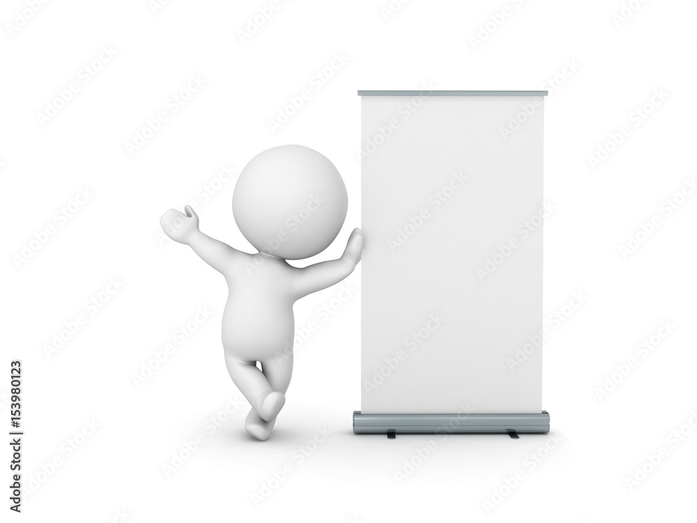 3D Character leaning on roll up banner 3D Character leaning on roll up banner