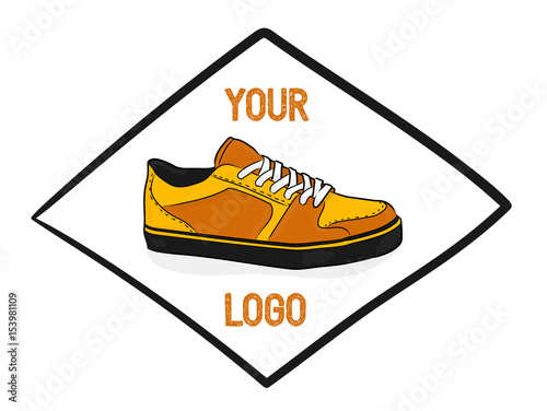 Logo for the shoe store. Yellow and orange sport shoes on white background. Sneakers for skateboarding eps 10 illustration