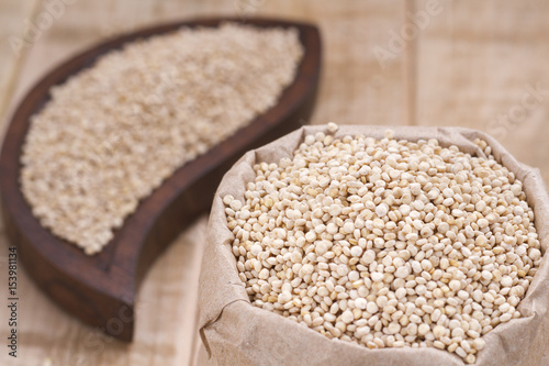 Grains of quinua on wood - Chenopodium quinoa