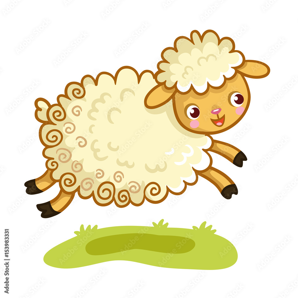 Fototapeta premium Lamb plays in the meadow. The animal jumps. Vector illustration. 