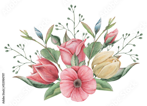 Hand painted watercolor charming combination of Flowers and Leaves, isolated on white background.