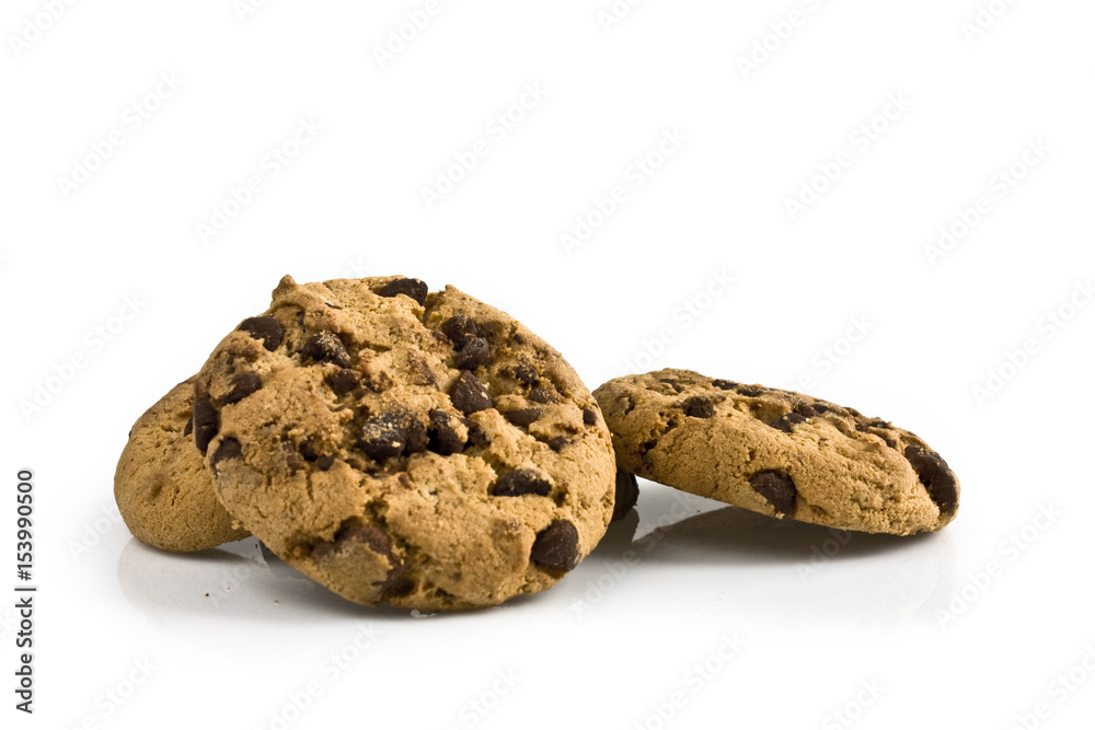 Chocolate cookies on white background. Still-life picture taken in studio with soft-box. Chocolate cookies on white background. Still-life picture taken in studio with soft-box.
