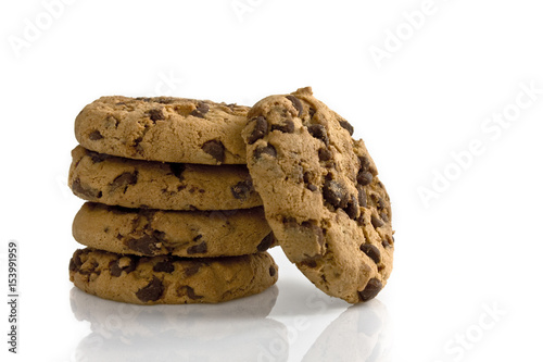 Pile of chocolate cookies on white background. Still-life picture taken in studio with soft-box.