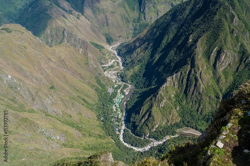 Aerial view of Urubamba valley (with hydroelectric station) from Machu Picchu mountain, Peru