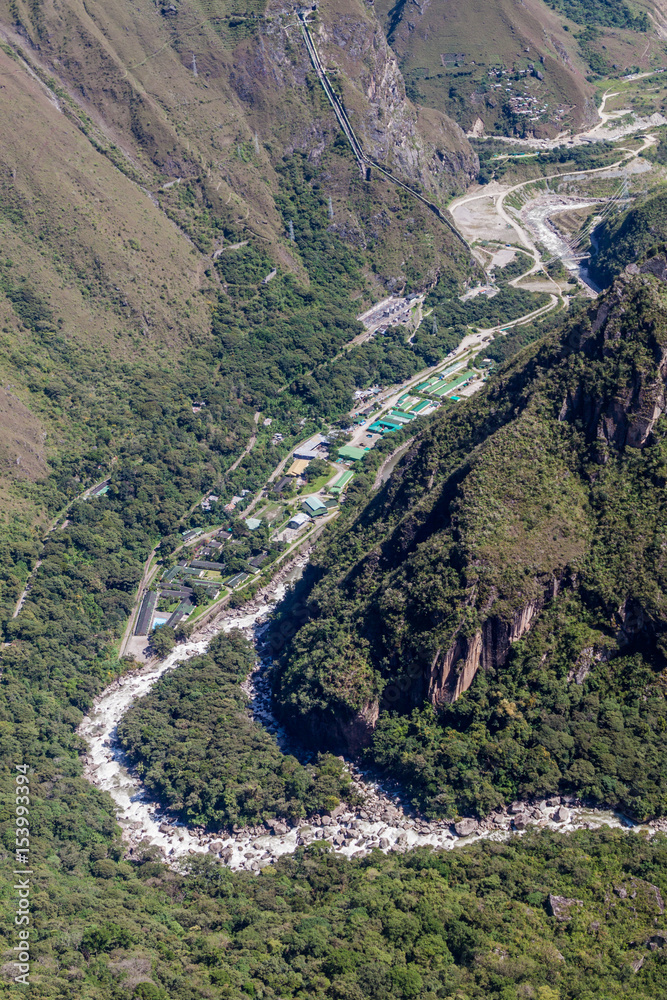 Aerial view of Urubamba valley (with hydroelectric station) from Machu Picchu ruins, Peru