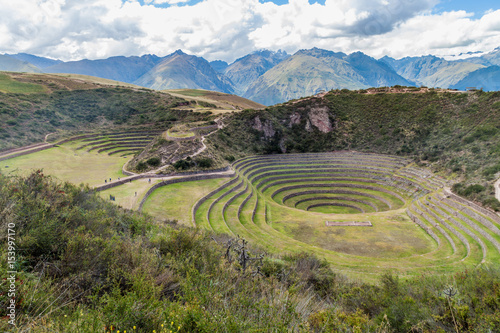 Round agricultural terraces Moray made by Inca empire, Peru