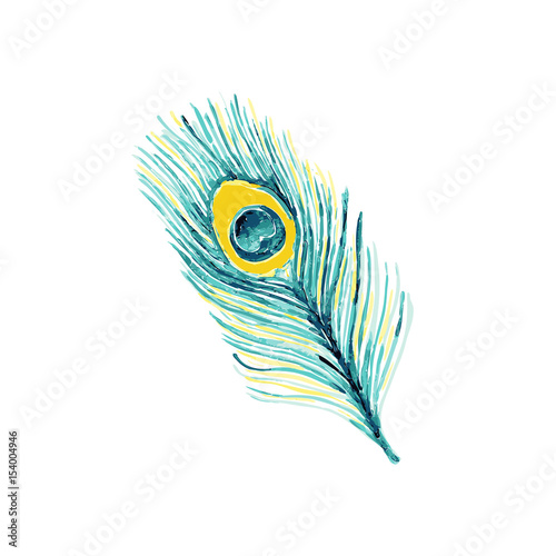 Beautiful hand drawn watercolor peacock feather. Trendy fashion blue colors on white background perfect for tissue, fabric and textile or graphic design.