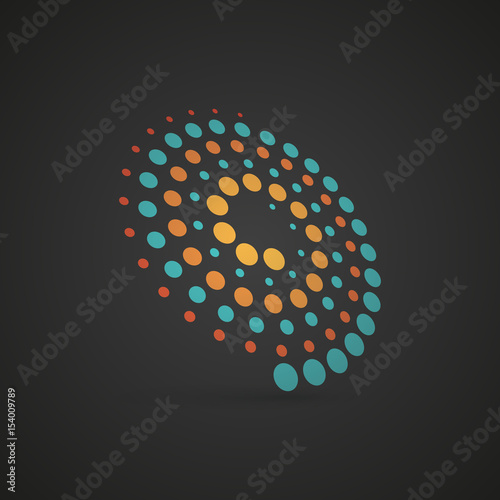 Vector whirlwind futuristic icon. Orange and blue dotted round isolated vortex logo. Sun spiral simbol