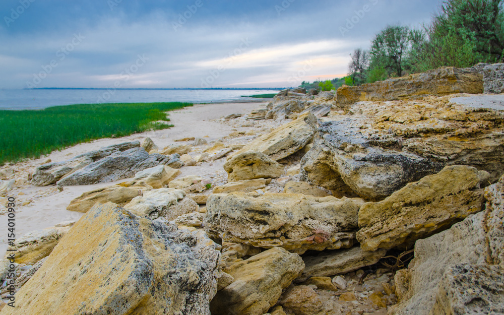 Corals, Shells, Stony landscape on the background of the Azov Sea