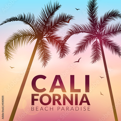 California background with palm. Vector background beach. Summer tropical banner design. Paradise poster template illustration