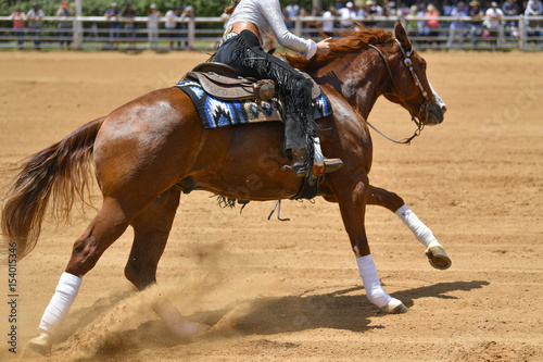 A side view of a rider gallops on horseback on the sandy field