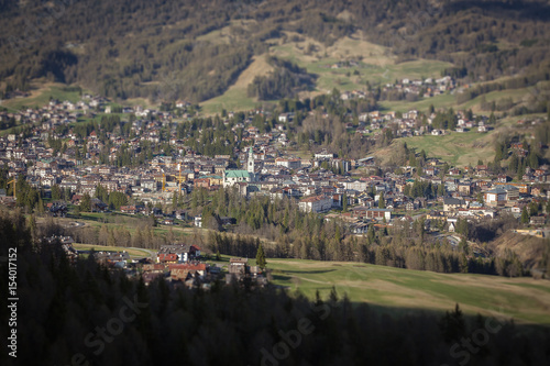 Tilt shift panorama of Cortina d'Ampezzo, Dolomites