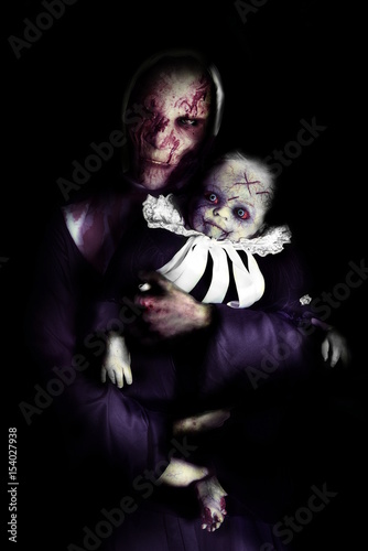 scary zobie woman vit child in horror background