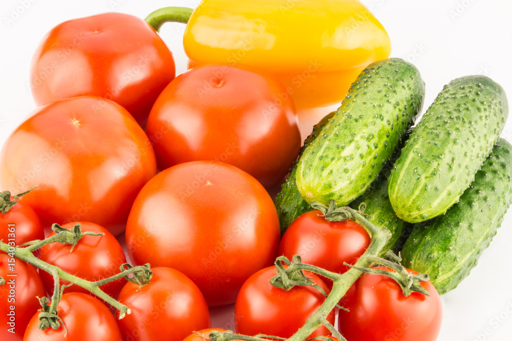 Cucumber, tomato, pepper and fennel isolated on white background close up. Cucumber, tomato, pepper and fennel isolated on white background close up.