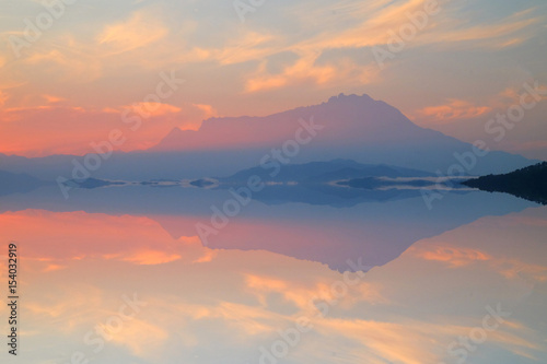 Beautiful reflection of Mount Kinabalu on peaceful river. © Mohd Khairil