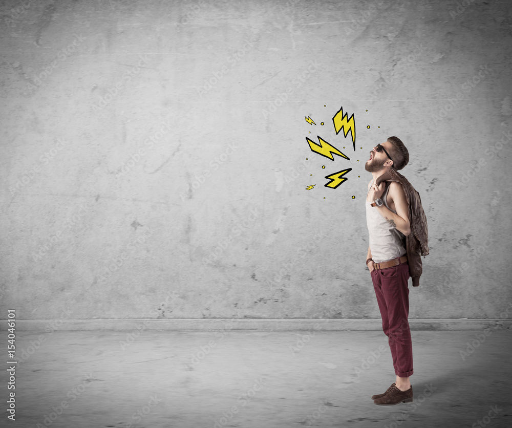 Funny hipster in fashion clothing shouting Funny hipster in fashion clothing shouting