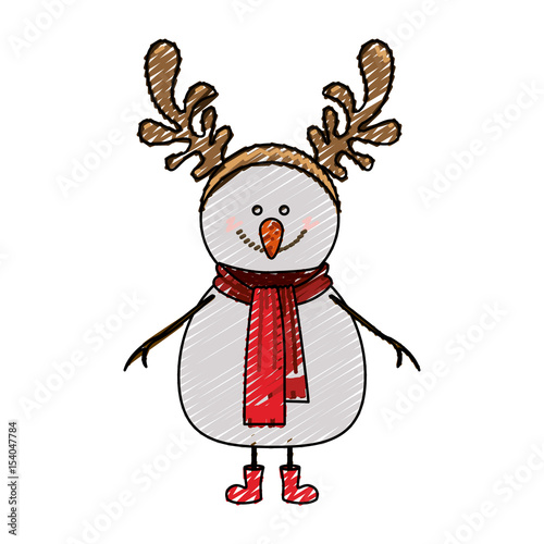 color crayon stripe cartoon of snowman with red boots and scarf and horns of reindeer vector illustration