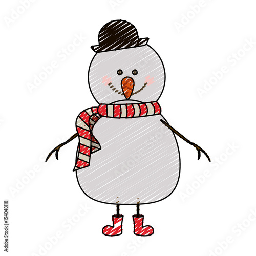 color crayon stripe cartoon of snowman with red boots and scarf and black hat vector illustration