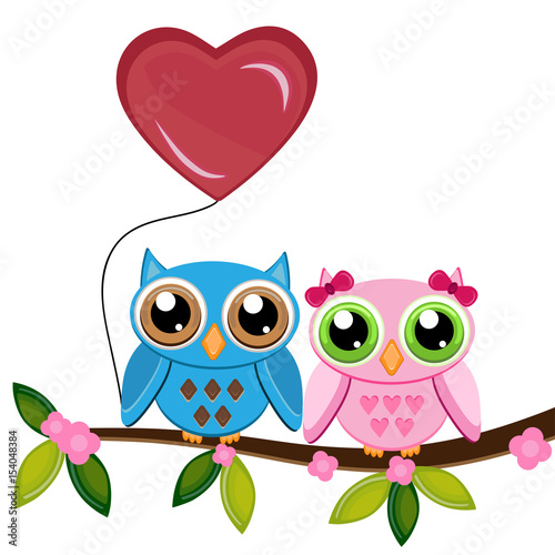 two owls on a branch with heart air balloon