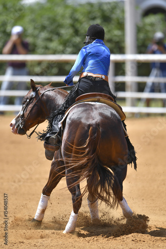 A rear view of a rider twisting the horse on the spot on the sandy field 