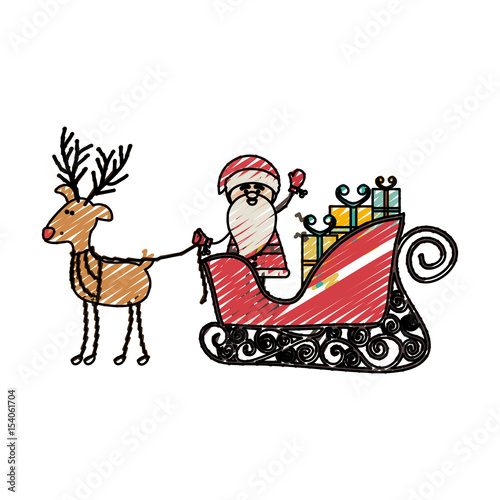 color crayon stripe cartoon of funny reindeer with santa claus in sleigh with gifts vector illustration