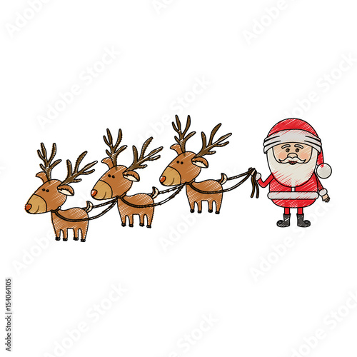 color crayon stripe cartoon of three reindeers and santa claus vector illustration © grgroup