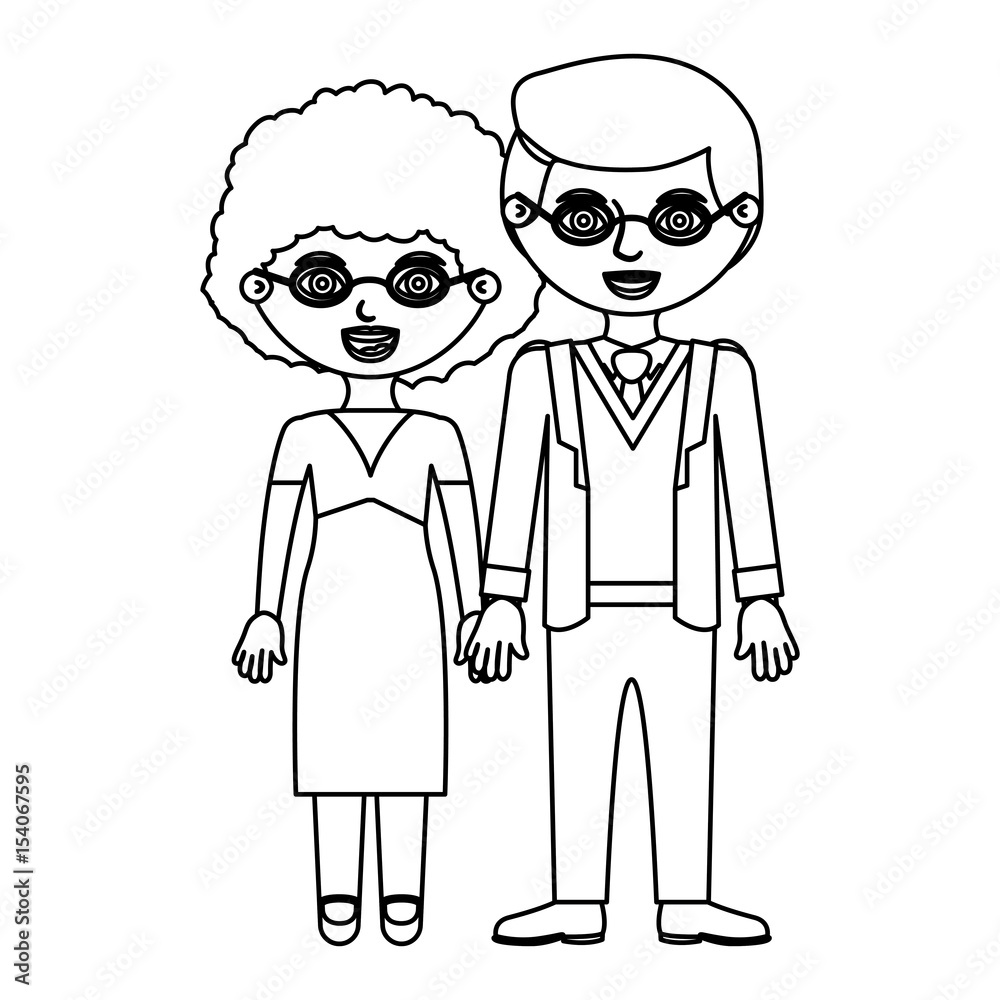 black contour couple curly woman with dress and man in formal suit with taken hands vector illustration black contour couple curly woman with dress and man in formal suit with taken hands vector illustration