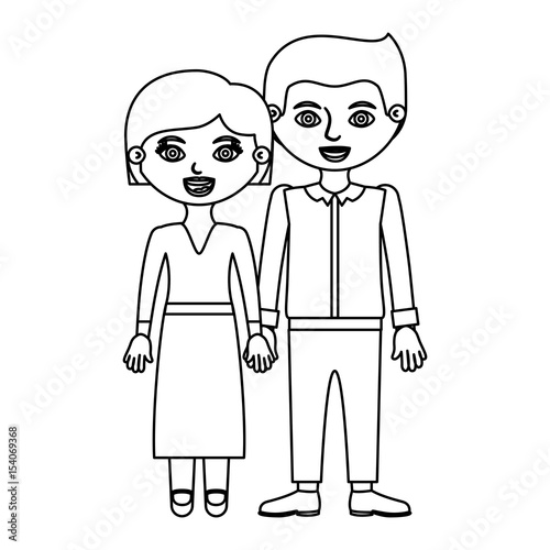 black contour couple woman blouse and skirt with man in formal suit and taken hands vector illustration