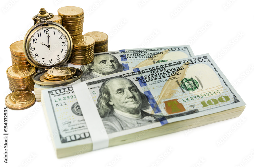 pocket watch on coins and stack of money isolated on white background, concept of time to make money pocket watch on coins and stack of money isolated on white background, concept of time to make money