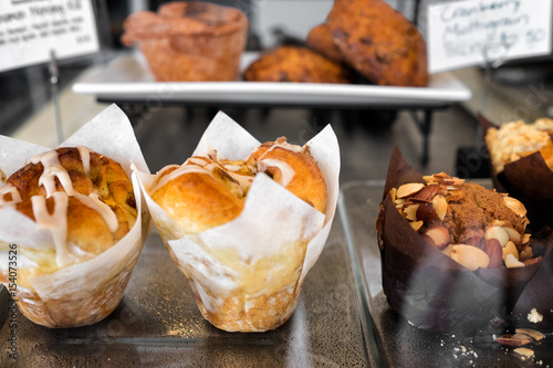 Morning pastries on display for sale at a cafe or bakery
