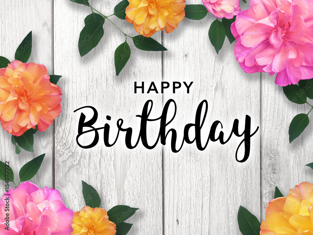 Happy Birthday Card with Colorful Flower Border Stock Photo Adobe Stock