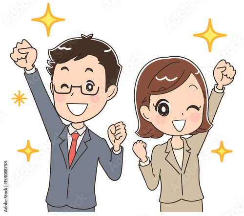応援するスーツ姿の男女のイラスト
