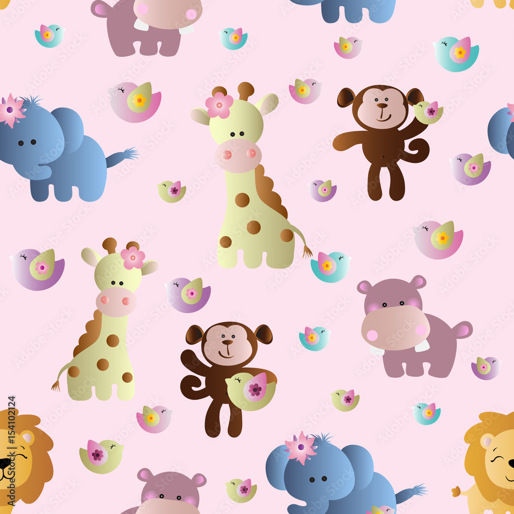 Drawing of a seamless pattern with cute african animals - hippopotamus, monkey, elephant, lion and giraffe in cartoon style Drawing of a seamless pattern with cute african animals - hippopotamus, monkey, elephant, lion and giraffe in cartoon style