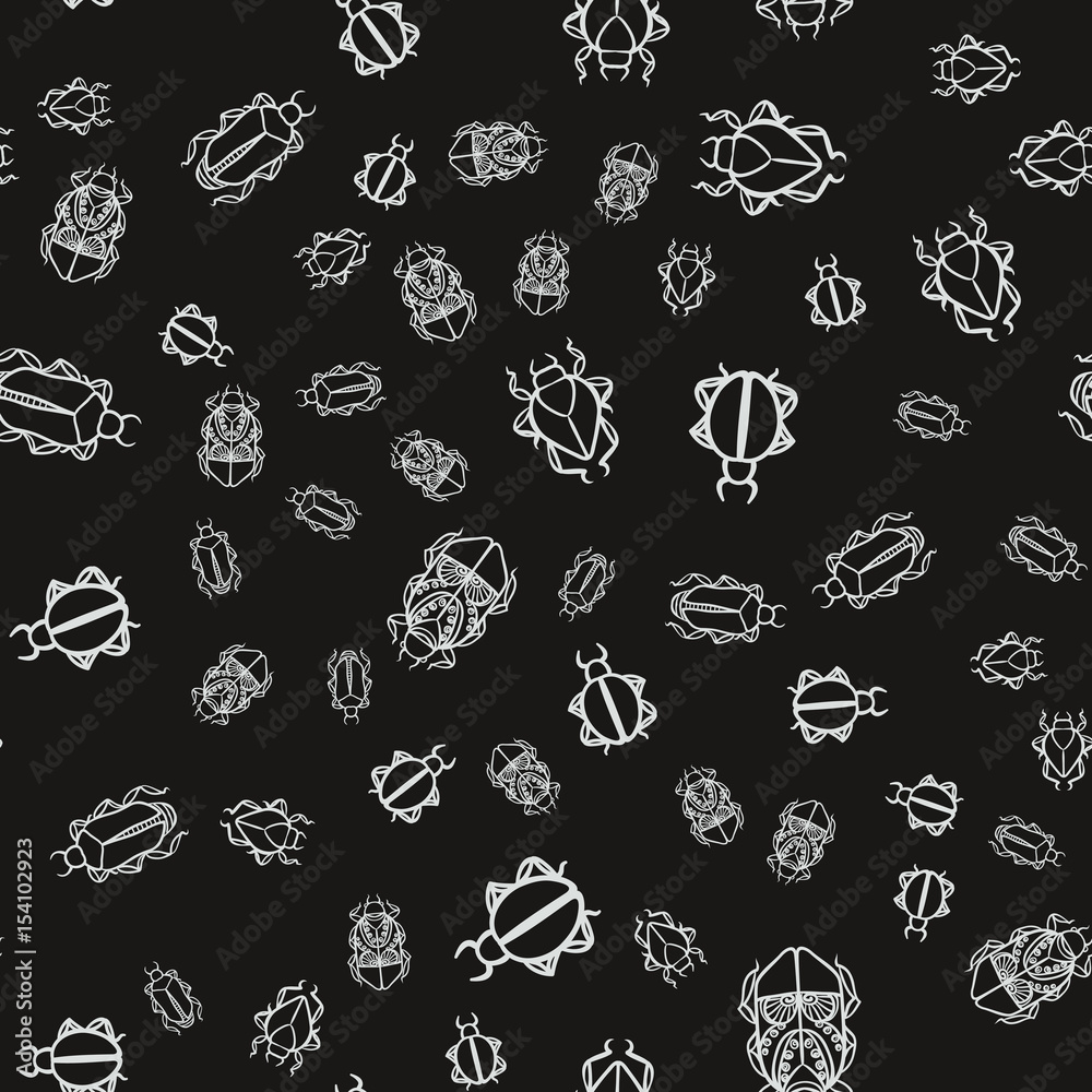 Seamless pattern with white bugs on a black background