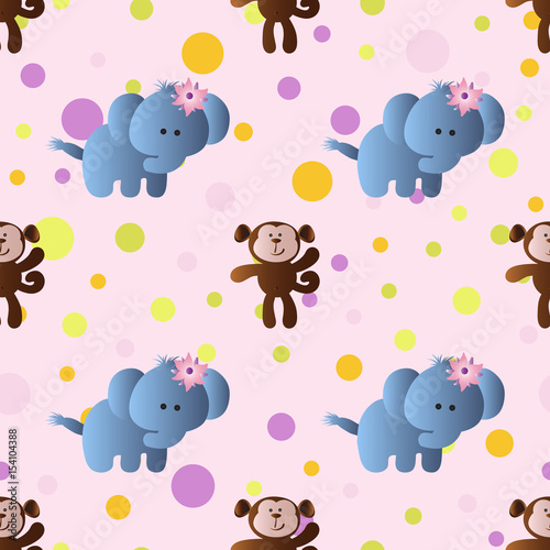 seamless pattern with cartoon cute toy baby elephant, monkey and Circles on a light pink background