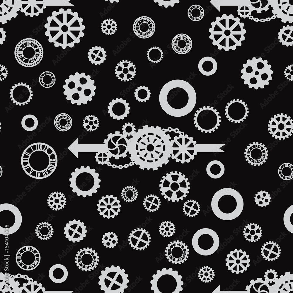 seamless pattern with white gears and arrows on a black background seamless pattern with white gears and arrows on a black background