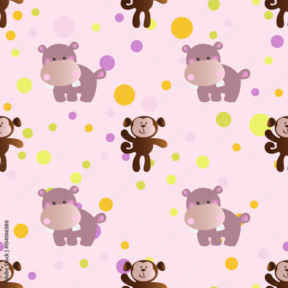 seamless pattern with cartoon cute toy baby behemoth, monkey and Circles on a light pink background